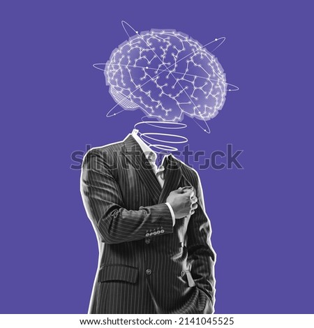 Contemporary art collage. Silhouette of businessman in stylish suit with digital brain scheme isolated over purple background. Technoloy era. Artificial intelligence, cybernetic mind concept. Royalty-Free Stock Photo #2141045525