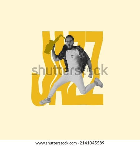 Collage. Young stylish man with drawn saxophone jumping, giving jazz performance isolated over light yellow background. Music lifestyle. Modern design. Concept of art, creativity, fashion, emotions