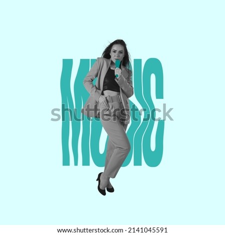 Collage. Portrait of young expressive woman in stylish costume giving concert, singing isolated over light green background. Concept of art, creativity, fashion, emotions, party and fun