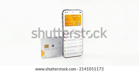 Online payment. Mobile phone with internet online bank app. Credit card on white background. Online wallet save money