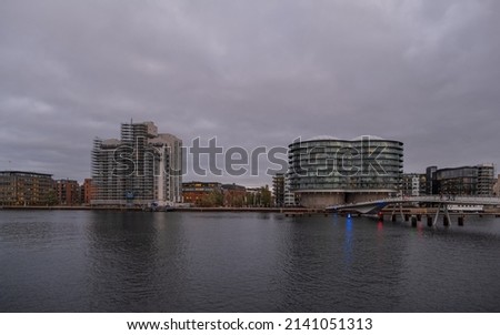 Copenhagen, Denmark - November 3032: Evening view of the Portland Towers, two silos converted into office bildings in the Nordhavn district.