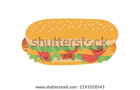 Vector Illustration Of  Sub style sandwich with Sausage, cheese, tomato and lettuce. Traditional deli sub vector clip art isolated on white background