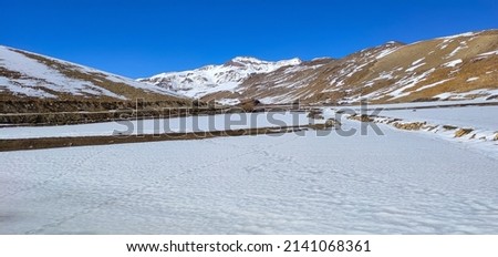 Beautiful Scenery with Hills full of Snow at Kibber, Kaza, Lahaul And Spiti, Himachal Pradesh, India