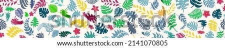 Banner with exotic jungle plants. Tropical palm leaves and flowers. Rainforest illustration, multicolored on white background, with seamless horizontal repetition