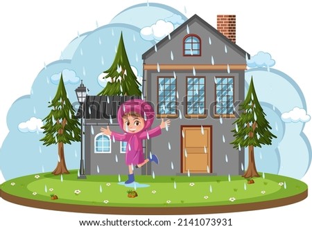 Happy girl playing raining in front of house cartoon illustration