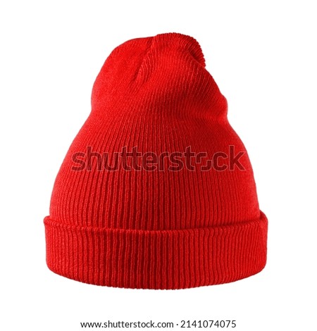 Red wool hat isolated on white background. knitted hat isolated on white background. Wool beanie variant, winter beanie hat. various styles of beanie hats isolate white background.  Royalty-Free Stock Photo #2141074075