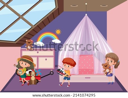 Pink bedroom scene with cartoon character illustration