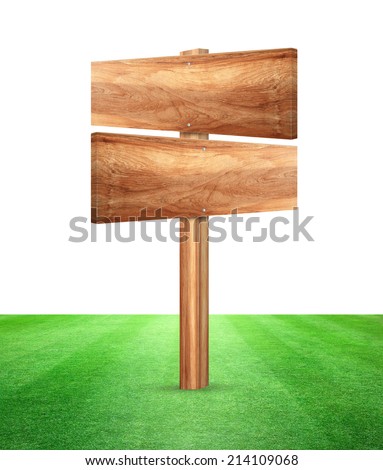 Old wooden billboard isolated on white background with grass.