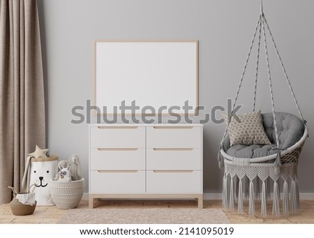 Empty horizontal picture frame on gray wall in modern child room. Mock up interior in scandinavian style. Free, copy space for your picture, poster. Hanging armchair. Cozy room for kids. 3D rendering