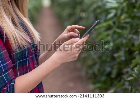 Modern technologies in floristry. The hands of a girl with a smartphone that she uses for photography and online communication in the greenhouse, with flowers in the background of pots. 