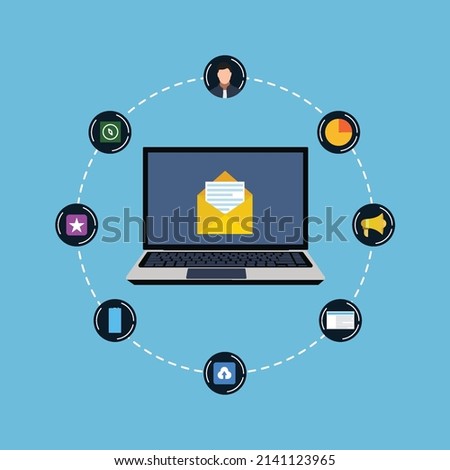 Social media marketing concept with a laptop. Online service and communication concept. Online business promotion and marketing concept vector. Business promotion and social media connection vector.