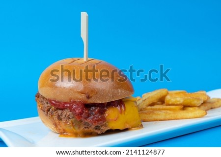 Cropped view of tasty hamburger and fries on white plate shot from opposite or side view in isolated setting, blue background with selective focus.