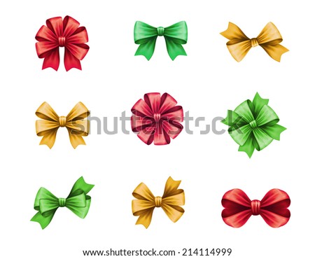 set of festive bows isolated on white background, gift design elements, Christmas decor illustration