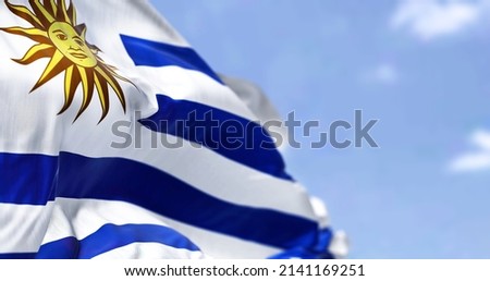 Detail of the national flag of Uruguay waving in the wind on a clear day. Democracy and politics. Patriotism.South american country. Selective focus.