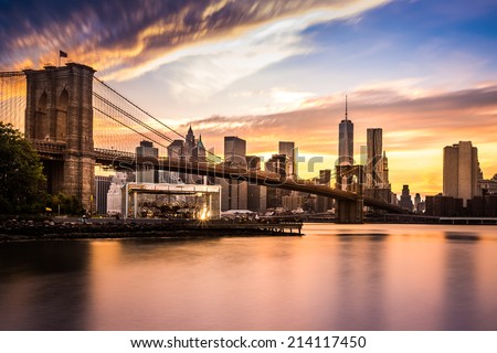 Brooklyn Bridge at sunset viewed from Brooklyn Bridge park Royalty-Free Stock Photo #214117450