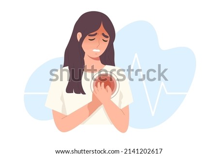 Female raise her hand to hold her chest. Concept of heart attack, heartache, chest pain, danger and sickness, symptom of heart disease, health and medicine. Flat vector illustration character. Royalty-Free Stock Photo #2141202617