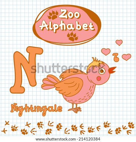 Colorful children's alphabet with animals, nightingale, letter N