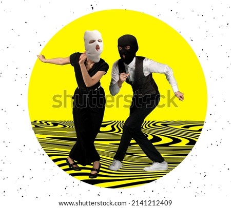 Contemporary art collage. Young stylish couple, man and woman dressed in retro style costumes, wearing balaclavas and dancing isolated over yellow background. Concept of love, relationship, creativity