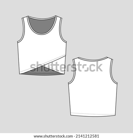 criss cross hem crop top sleeveless crew neck  fashion cropped flat sketch technical drawing template design vector Royalty-Free Stock Photo #2141212581