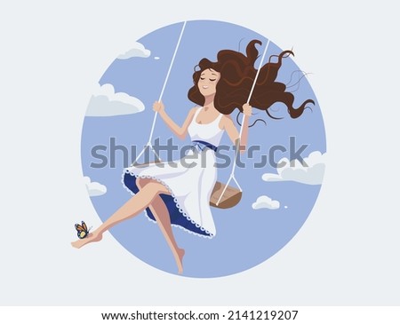 very beautiful cheerful cute girl in a white dress swings on a swing in the sky among the clouds. butterfly landed on her leg. Her hair is blowing in the wind.Light and airy picture in a circle.Vector Royalty-Free Stock Photo #2141219207