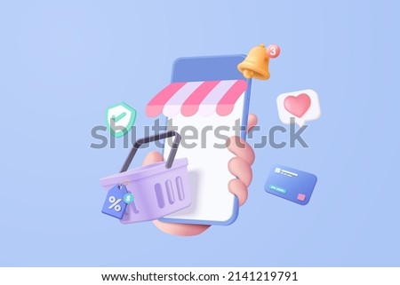 3d vector render online shopping bag using tags promotion or cash for future use. shopping online pass smartphone in hand holding. 3d vector shop purchase basket retail store on e-commerce Royalty-Free Stock Photo #2141219791