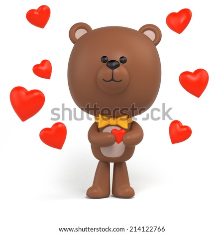 3d render, cute little chocolate teddy bear, cartoon character design, hearts, toy clip art isolated on white, digital illustration, Valentine day clip art