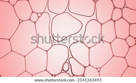 Macro shot of clear liquid flows between different sized clear bubbles disconnecting them on pale pink background | Macro shot of skin care cream for its commercial Royalty-Free Stock Photo #2141263493