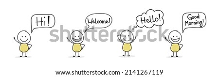 Happy cartoon people with greeting - welcome, hello, hi, good morning. Vector