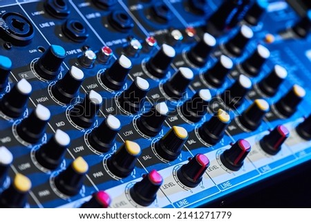 Audio sound mixer amplifier equipment, acoustic musical mixing engineering concept. Sound controller for mastering radio and television broadcasting. Multi-Channel Mix Processor. Close up
