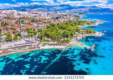 Split city beaches aerial view, Croatia. Royalty-Free Stock Photo #2141272705