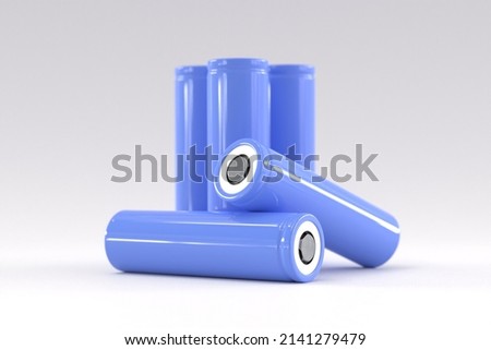 5 blue cylindrical batteries on a light gray background. Storage battery or secondary cell. Rechargeable li-ion batteries for electrical appliances and devices Royalty-Free Stock Photo #2141279479