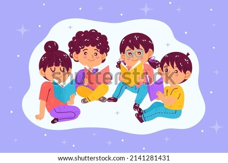 children Book Club cute flat illustration happy children reading kids learning and having fun