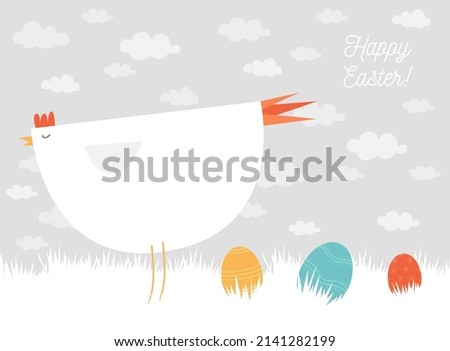 Easter greeting card. Illustration of the chicken and Easter eggs