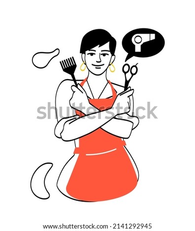 Women of different professions. Young girl with scissors and comb, hairdresser. Business and entrepreneurship, character makes stylish haircut, fashion and trend. Cartoon flat vector illustration