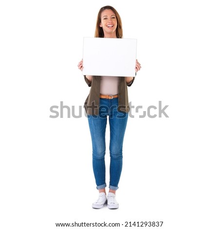You have one new message. Studio shot of a young woman in casual clothes holding a blank field of white copyspace.