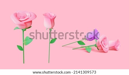 3d pink and purple rose bud collection, isolated on light pink background. Suitable for Valentine's Day or Mother's Day decoration.