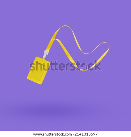 A bright yellow badge with a ribbon on a purple background. Name badge. A device for cards and business cards. Flat lay.