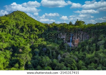 Aerial view of the Salto Suizo the highest waterfall of Paraguay near the Colonia Independencia and Vallarrica. Royalty-Free Stock Photo #2141317415