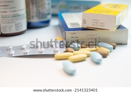 Drug expiration dates . Expiry date on old packet of medication.
medicine and health care concept ,selective focus Royalty-Free Stock Photo #2141323401