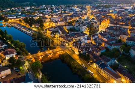 Aerial view of Perigueux city illuminated at night, Perigord Blanc, Dordogne..