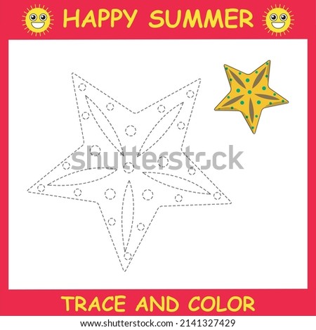 Trace and color star fish. Worksheet for children.summer activities .