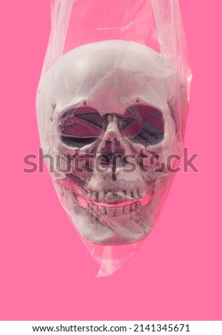 Skull in the transparent plastic bag on a pink background. Waste of life minimal concept