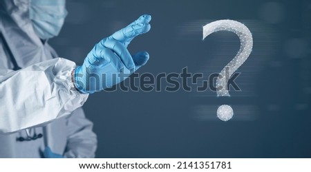 question mark made from web and dots. doctor clicks on the screen