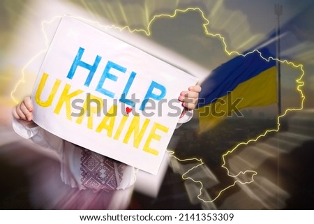 Sad toddler Ukrainian girl kid in embroidery dress protesting war conflict holding banner Help Ukraine. Pray for Ukraine.