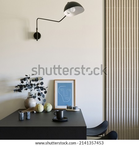 Stylish composition of modern small dining space interior. Black table, black and light wooden kitchen and dining accessories. Neutral walls. Minimalistic masculine concept. Template.