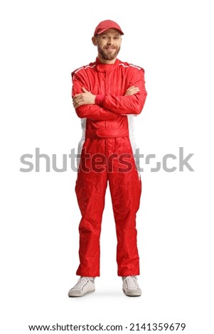 Racer with a helmet and a red suit posing with crossed arms isolated on white background Royalty-Free Stock Photo #2141359679
