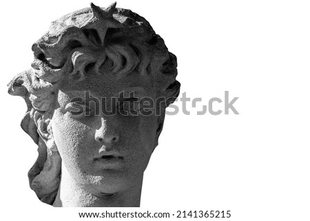 Olympic goddess of love in antique mythology Aphrodite (Venus) Fragment of ancient statue. Black and white image. Copy space for design.