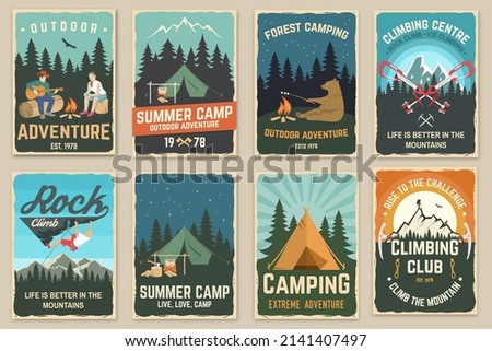 Set of camping retro posters. Vector illustration. Vintage typography design with climber, bear and campfire, carabiners, climbing cams, hexes, camper tent, axe, mountain, man with guitar. Royalty-Free Stock Photo #2141407497