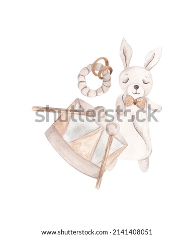 Watercolor boho baby toys illustration, rabbit, xylophone, wooden elements on white background  Royalty-Free Stock Photo #2141408051