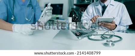 Medicine doctor with digital medical interface icons, Medical technology concept.
